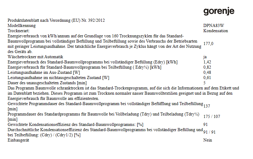 DPNA 8 Waschen Trocknen Wärmepumpe kg Trockner 83W Gorenje &