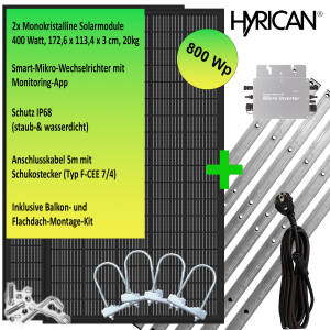 Hyrican Balkonkraftwerk 800Wp inkl. MontageKit 800W Wechselrichter + 2 x Solarpanel 400W - 0 % MwSt. (gem. § 12 Abs. 3 UStG)